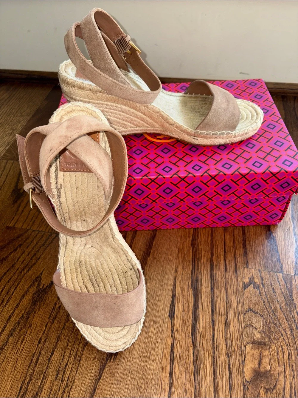 Tory Burch Natural Tan Suede Espadrille Wedge Sandals with Ankle Strap
